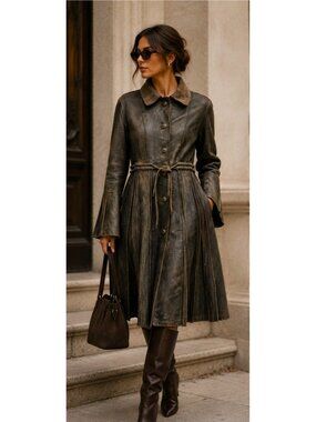 Knoles & Carter Women's Genuine Leather Belted Coat Jacket Khaki Olive Brown M